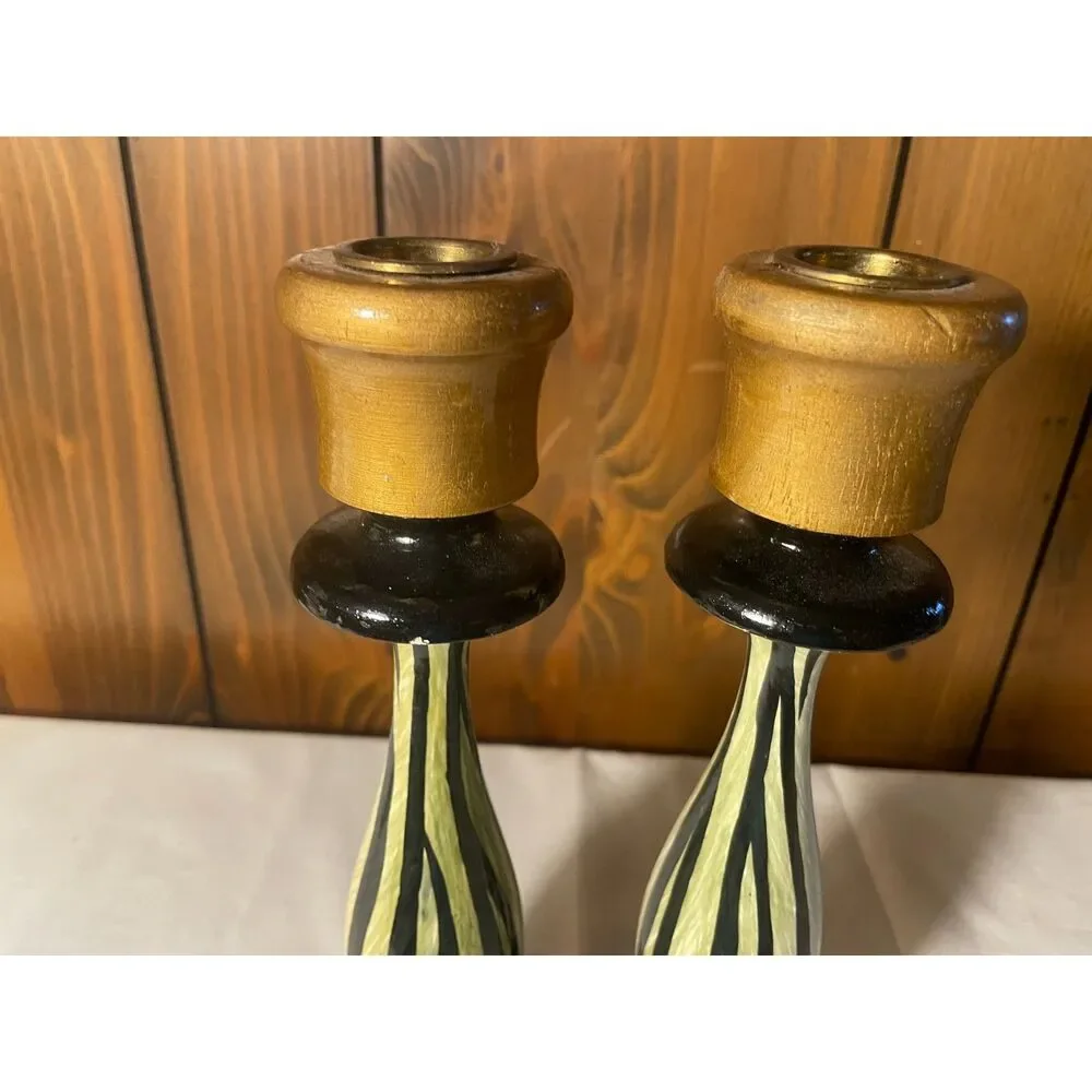 Pair of hand-painted wooden candlesticks